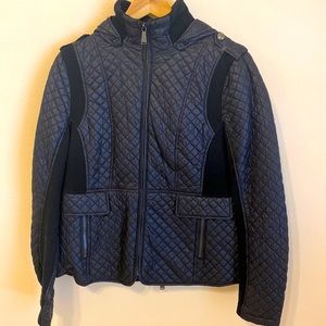 Saks Fifth Avenue Quilted Puffer Jacket with Knit Trim. Removable Hood.